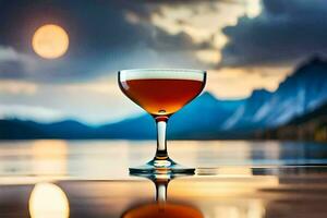 een cocktail in een glas Aan de water met een berg in de achtergrond. ai-gegenereerd foto