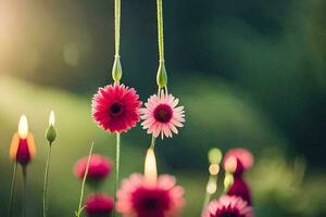 roze bloemen hangende van strings in de zon. ai-gegenereerd foto