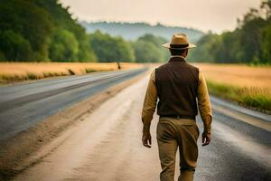 een Mens in een hoed wandelingen naar beneden een weg. ai-gegenereerd foto