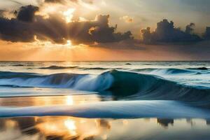 de zon is instelling over- de oceaan net zo golven Botsing in de oever. ai-gegenereerd foto