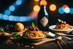 spaghetti met kers tomaten en basilicum Aan een houten tafel. ai-gegenereerd foto