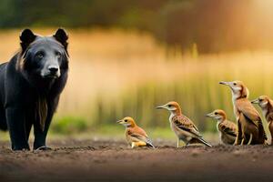 een zwart beer staand in voorkant van een groep van vogels. ai-gegenereerd foto