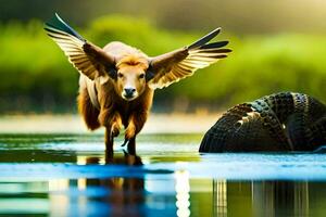 een bruin koe met Vleugels verspreiding uit in de water. ai-gegenereerd foto