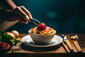 een persoon is Holding een vork over- een kom van pasta. ai-gegenereerd foto