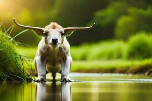 een stier is staand in de water met gras in de achtergrond. ai-gegenereerd foto