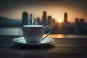 koffie kop Aan de tafel met stad in de achtergrond. ai-gegenereerd foto