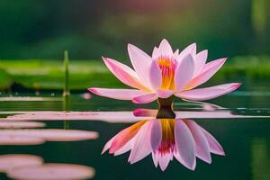 een roze lotus bloem is weerspiegeld in de water. ai-gegenereerd foto