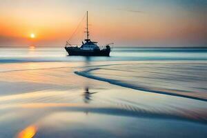 een boot is Aan de strand Bij zonsondergang. ai-gegenereerd foto