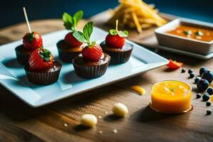 een bord met cupcakes, aardbeien en andere voedsel. ai-gegenereerd foto
