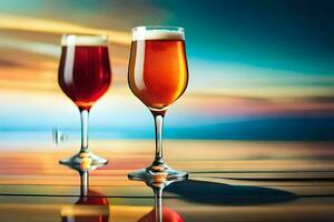 twee bril van wijn Aan een tafel met een zonsondergang in de achtergrond. ai-gegenereerd foto