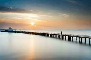 een lang blootstelling fotograaf van een pier Bij zonsondergang. ai-gegenereerd foto