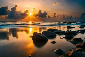 de zon stijgt over- de oceaan en rotsen Aan de strand. ai-gegenereerd foto