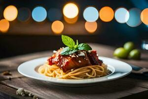 spaghetti met vlees en tomaat saus Aan een bord. ai-gegenereerd foto