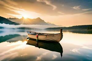 een boot zit Aan de water Bij zonsopkomst. ai-gegenereerd foto