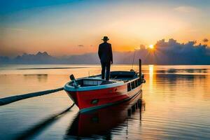 een Mens staand Aan een boot in de water Bij zonsondergang. ai-gegenereerd foto