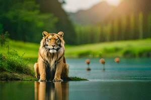 een tijger zittend Aan de rand van een meer. ai-gegenereerd foto