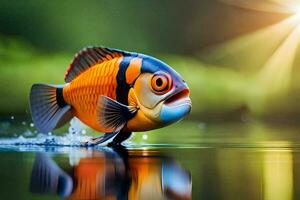 een vis met een oranje en zwart lichaam is zwemmen in de water. ai-gegenereerd foto