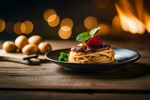 spaghetti met aardbei en munt Aan een bord. ai-gegenereerd foto