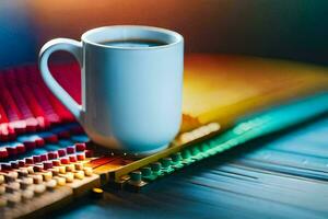 een kop van koffie Aan een toetsenbord. ai-gegenereerd foto