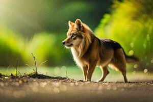 een hond is staand Aan een aarde weg in de zonlicht. ai-gegenereerd foto