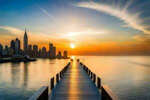 de zon stijgt over- de stad horizon en een pier. ai-gegenereerd foto