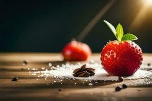 aardbeien Aan een houten tafel met suiker. ai-gegenereerd foto