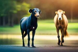 twee paarden zijn staand Aan de weg De volgende naar elk ander. ai-gegenereerd foto