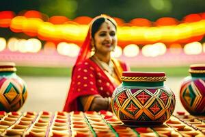 een vrouw in traditioneel Indisch kleding zit in voorkant van kleurrijk potten. ai-gegenereerd foto