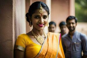 een vrouw in een geel sari poses voor de camera. ai-gegenereerd foto