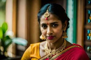 een mooi Indisch vrouw in een sari. ai-gegenereerd foto