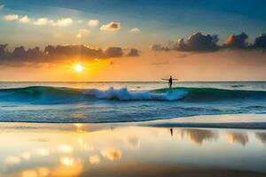 een surfer staat Aan de strand Bij zonsondergang. ai-gegenereerd foto