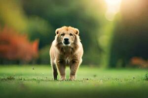 een leeuw wandelen in de gras. ai-gegenereerd foto