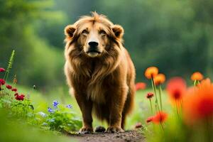 een leeuw is staand in een veld- van bloemen. ai-gegenereerd foto