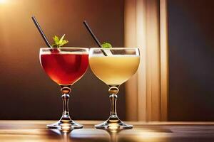 twee bril van cocktails met rietjes Aan een houten tafel. ai-gegenereerd foto