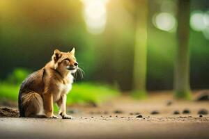 een hond zittend Aan de grond in de midden- van een Woud. ai-gegenereerd foto