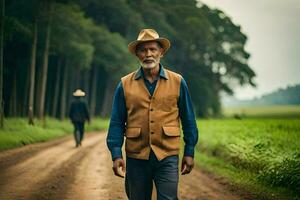 een ouder Mens in een hoed en hesje wandelen naar beneden een aarde weg. ai-gegenereerd foto