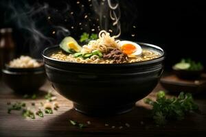 Japans soep ramen in kom Aan donker achtergrond. reclame promotionele voedsel foto. ai generatief foto