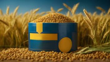 oren van tarwe Aan een blauw achtergrond. oogst concept. oekraïens graan crisis. ai generatief foto