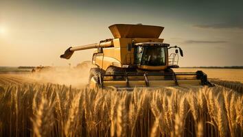 combineren oogstmachine werken Aan tarwe veld. oogsten concept. ai generatief foto