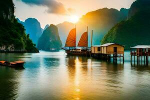 de zonsondergang in Halong baai. ai-gegenereerd foto