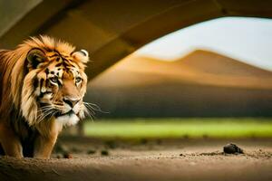 een tijger wandelen onder een brug. ai-gegenereerd foto