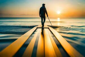 een Mens staand Aan een peddelen bord in de oceaan Bij zonsondergang. ai-gegenereerd foto