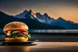 een Hamburger Aan een bord met bergen in de achtergrond. ai-gegenereerd foto