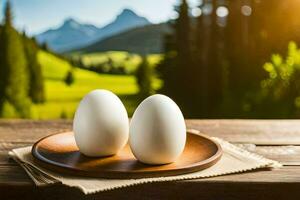 eieren Aan een bord in de bergen. ai-gegenereerd foto