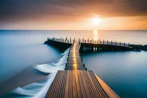 een lang blootstelling fotograaf van een pier in de oceaan. ai-gegenereerd foto