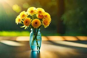 zonlicht schijnend door een vaas van geel bloemen. ai-gegenereerd foto