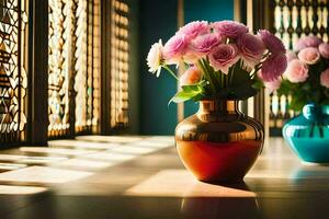 twee vazen met bloemen zittend Aan een tafel. ai-gegenereerd foto