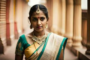 een vrouw in een traditioneel sari poses voor een portret. ai-gegenereerd foto