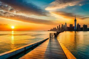 een houten pier Leidt naar de stad horizon Bij zonsondergang. ai-gegenereerd foto