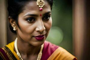 een vrouw in een sari met goud sieraden. ai-gegenereerd foto